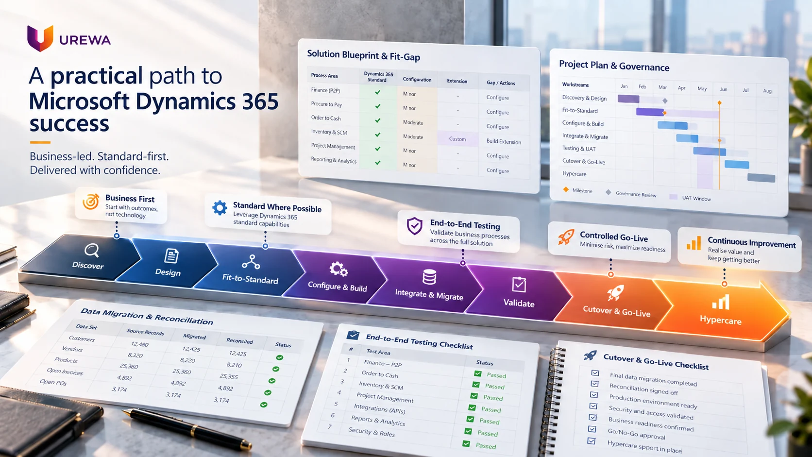 Urewa's practical path to Microsoft Dynamics 365 success — a nine-stage delivery roadmap from Discover, Design and Fit-to-Standard through Configure and Build, Integrate and Migrate, Validate, Cutover and Go-Live to Hypercare, alongside a solution blueprint and fit-gap matrix, project plan and governance chart, data migration reconciliation table, end-to-end testing checklist and cutover checklist