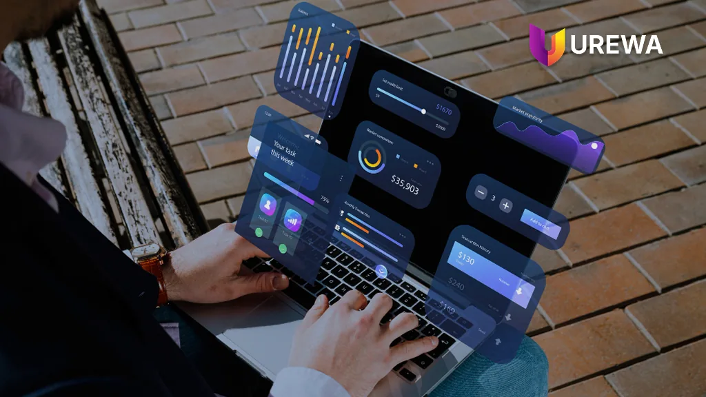Business user reviewing migrated ERP data on a laptop, with dashboard charts, task lists and transaction history overlaid on the screen