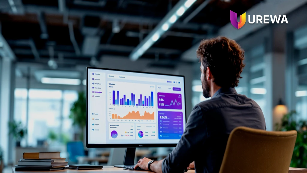 A business user reviewing a connected ERP dashboard on a large monitor, showing sales performance, order and financial data brought together from Dynamics 365 and integrated systems into a single view