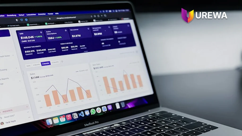 A supply chain manager reviewing performance dashboards on a laptop, showing monthly trends, growth rates and sales figures used to evaluate demand against available supply