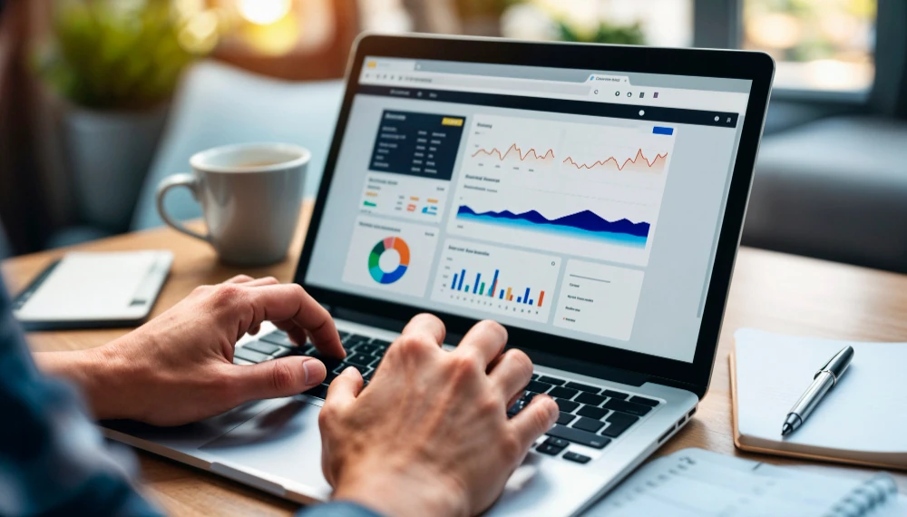 A project manager reviewing project performance dashboards on a laptop — cost trend, revenue and variance charts of the kind used to track effort, budget and schedule health on a live project